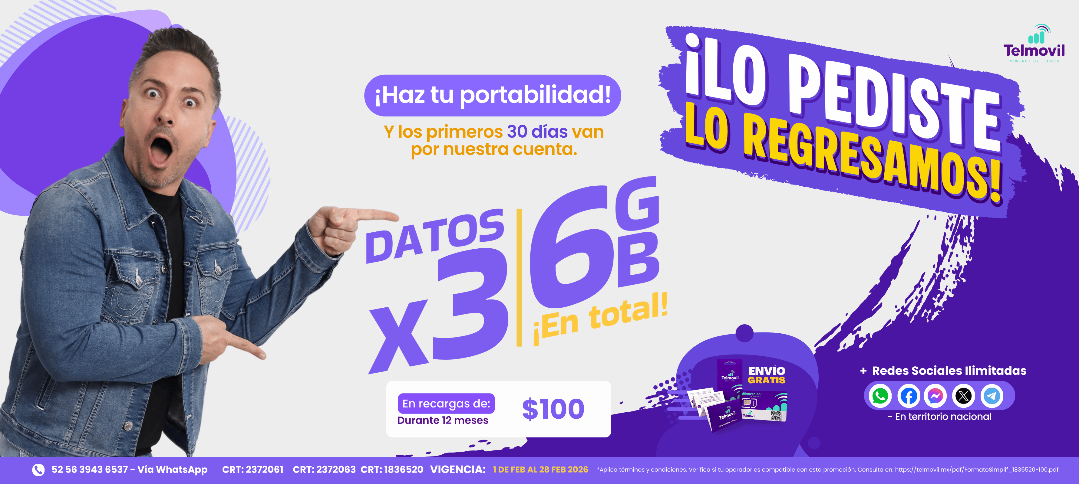 ¡Haz tu portabilidad a Telmovil y obtén el triple de datos en recargas de $100!